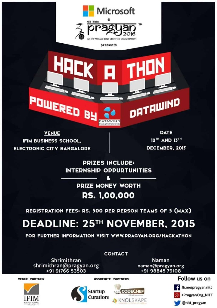 Pragyan Hackathon Powered by Microsoft in Bangalore on December 12-13, 2015