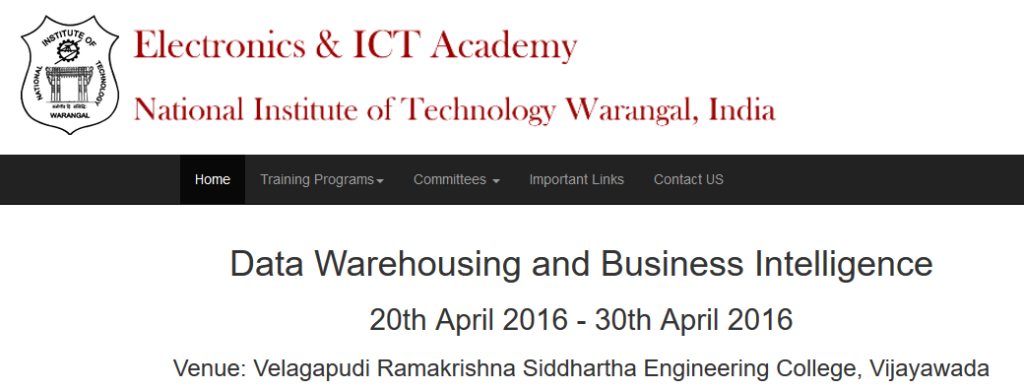 Data Warehousing and Business Intelligence Workshop in Vijayawada from April 20-30, 2016