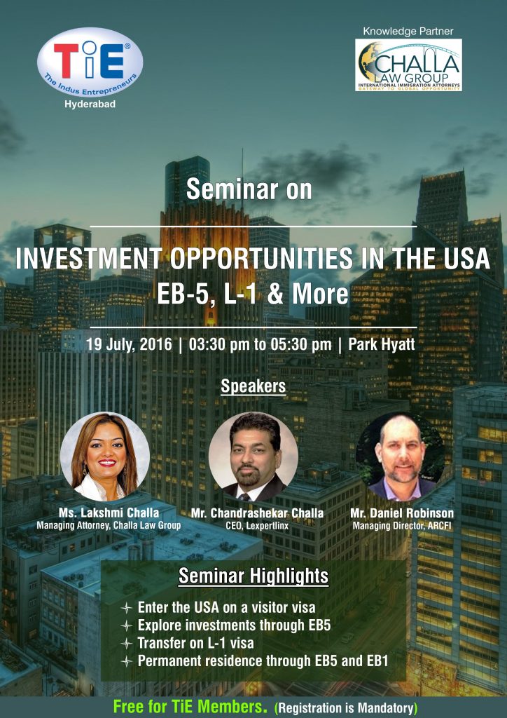Seminar on Investment Opportunities in USA in Hyderabad on July 19, 2016