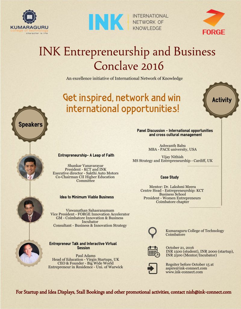 INK Entrepreneurship and Business Conclave 2016 in Tamil Nadu on October 21, 2016